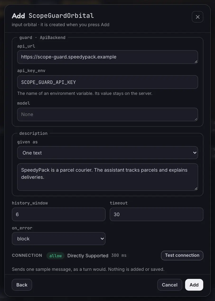 The form that adds a ScopeGuardOrbital, after Test connection: the service answered allow in 300 ms