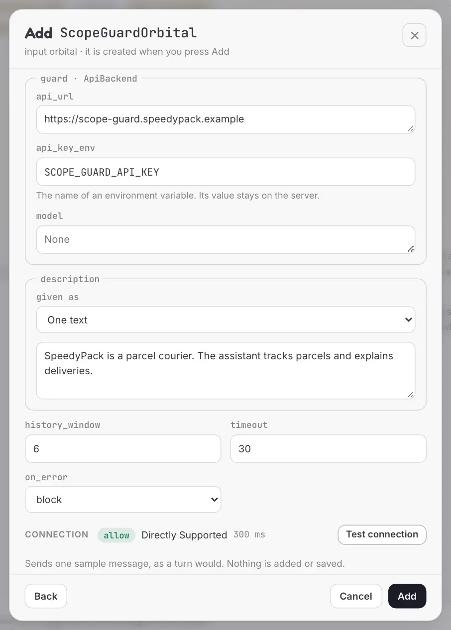 The form that adds a ScopeGuardOrbital, after Test connection: the service answered allow in 300 ms