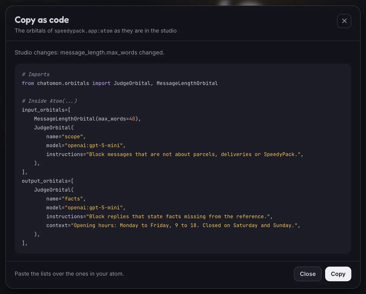 The Copy as code card: the imports and the two orbital lists as Python, with the setting changed in the studio