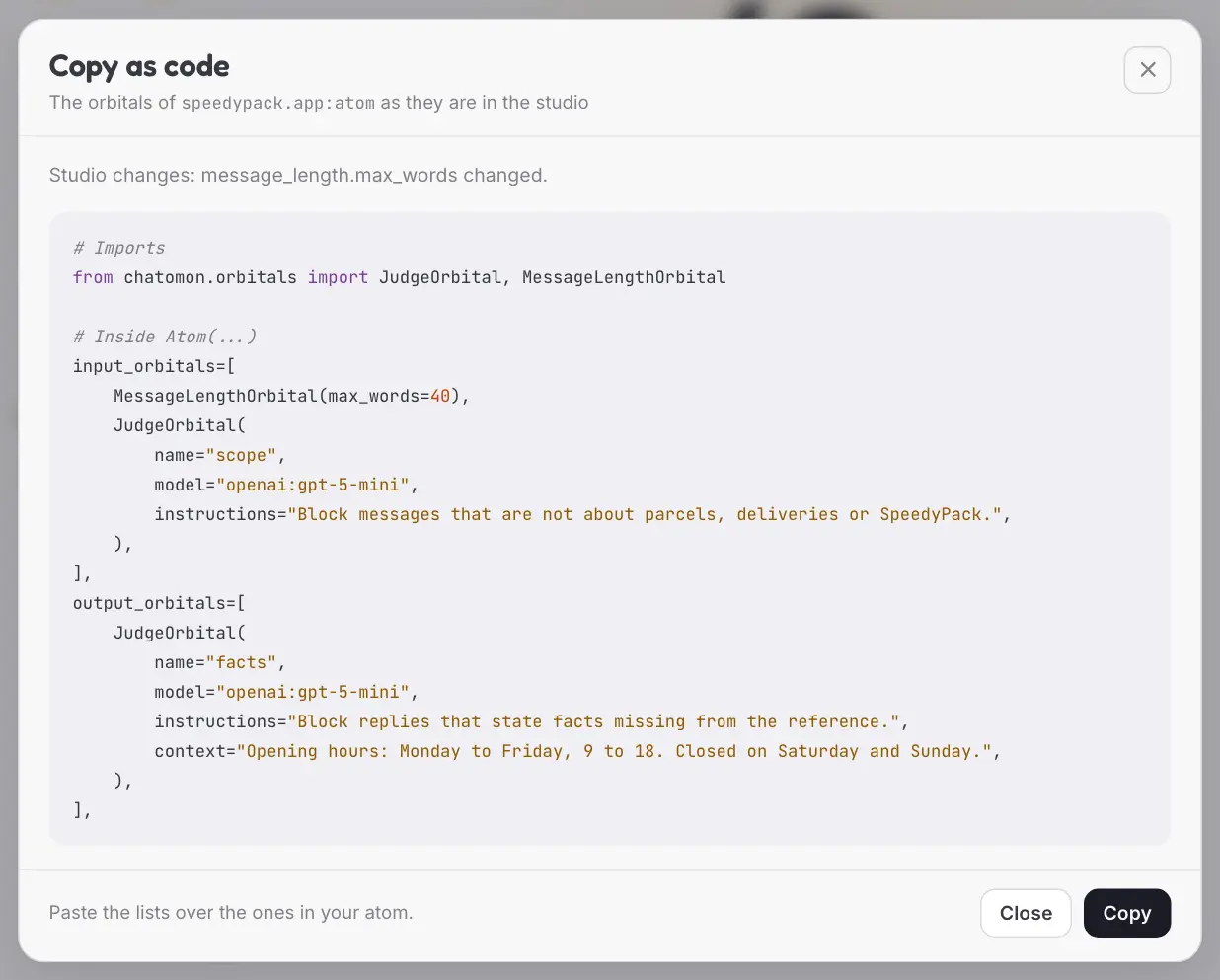 The Copy as code card: the imports and the two orbital lists as Python, with the setting changed in the studio