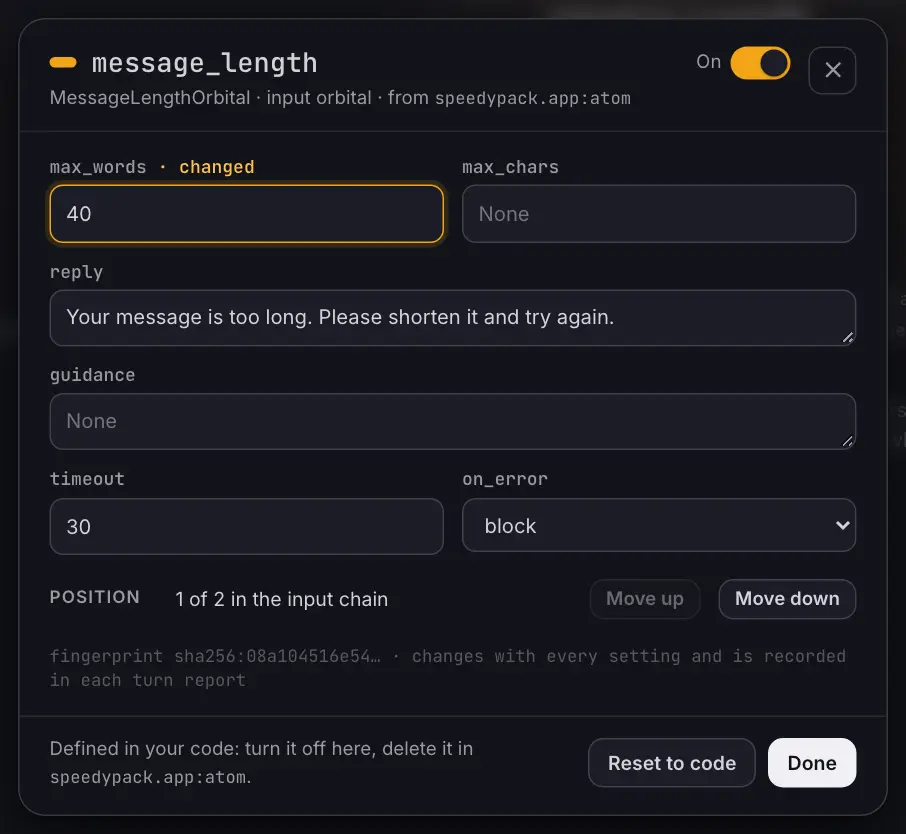 The card of a MessageLengthOrbital: one field per setting, with max_words marked as changed