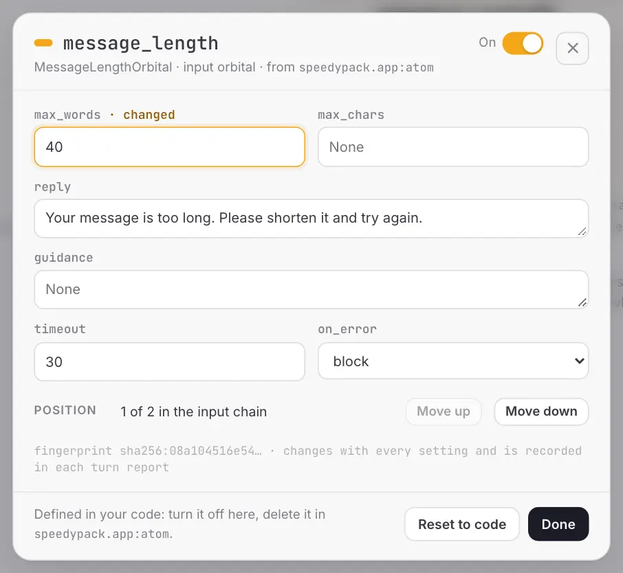 The card of a MessageLengthOrbital: one field per setting, with max_words marked as changed