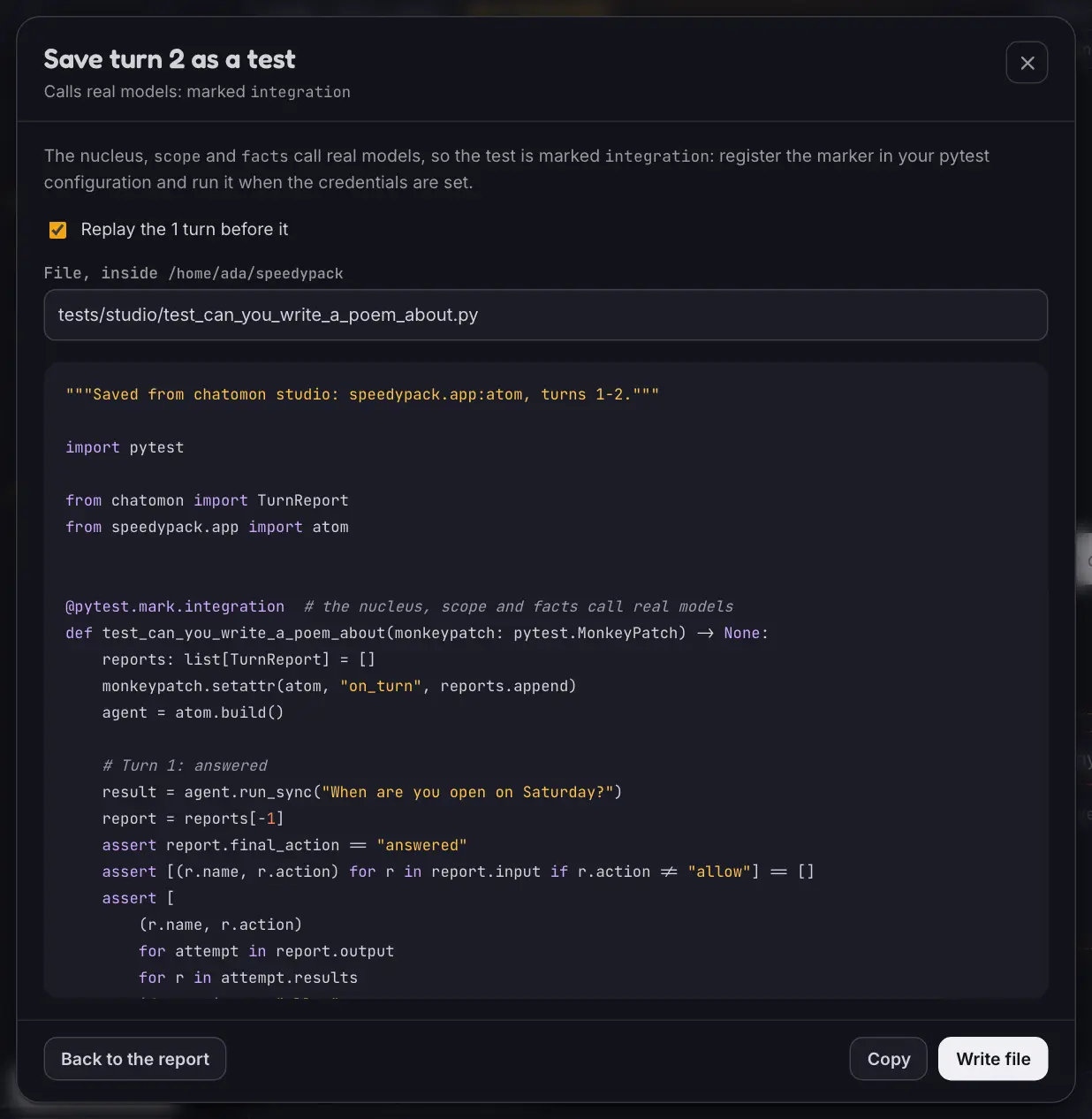 The card that saves a turn as a test: what the test calls, the path of the file and the generated pytest code