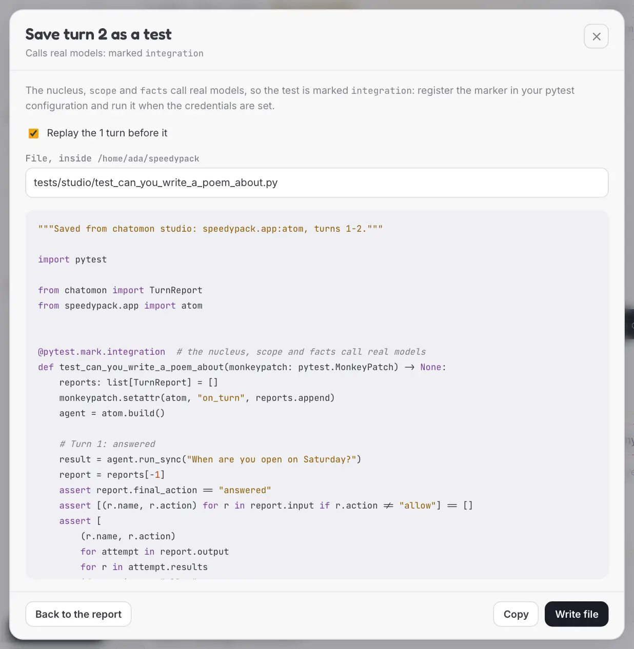 The card that saves a turn as a test: what the test calls, the path of the file and the generated pytest code